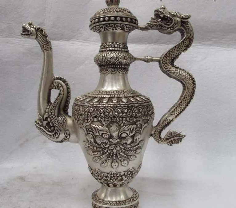 

Tibet Folk white Copper Bronze Silver Beast Dragon Teapot Kettle Flagon wine pot