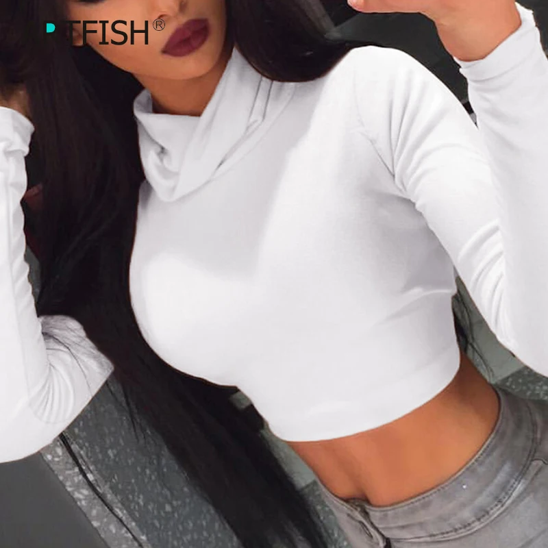 

Harajuku Women Crop Tops Long Sleeve Shirts Autumn Short TShirts Solid Lumbar High Neck Streetwear Solid Basic White Tops GV655