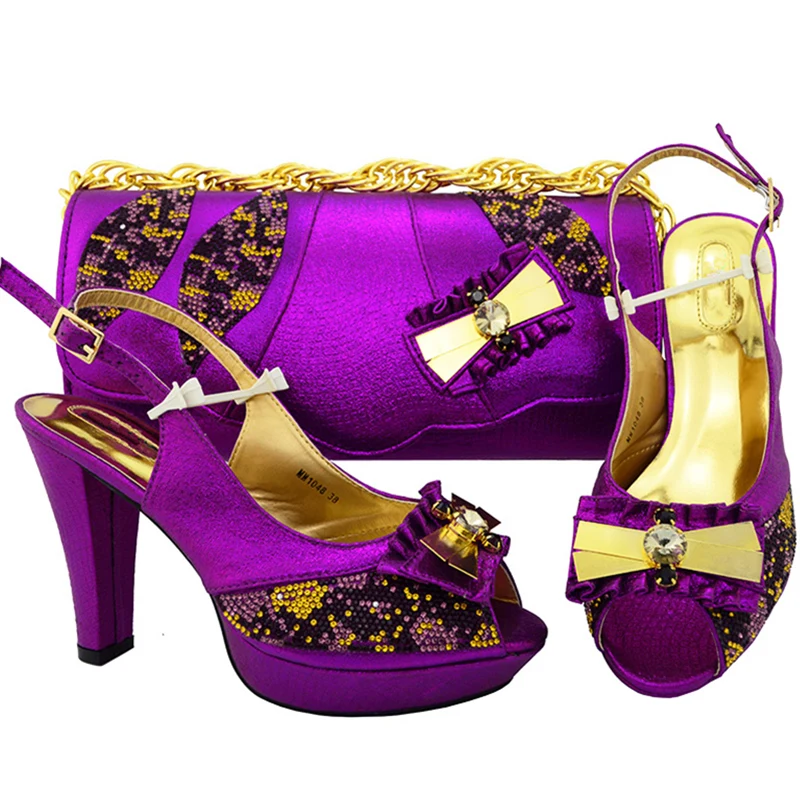 

Latest Purple Color African Women Italian Shoes and Bag Set Decorated with Rhinestone Niegrian Women Wedding Shoes and Bag Set