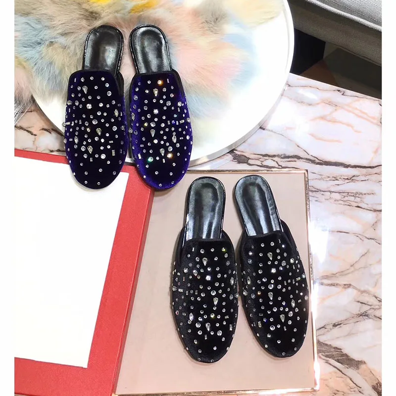 

2018 Spring Summer Shoes Woman Casual Crystal Velvet Mules Flats Design Round Toe Lazy Flats Slip On Cozy Woman Flats Shoes T