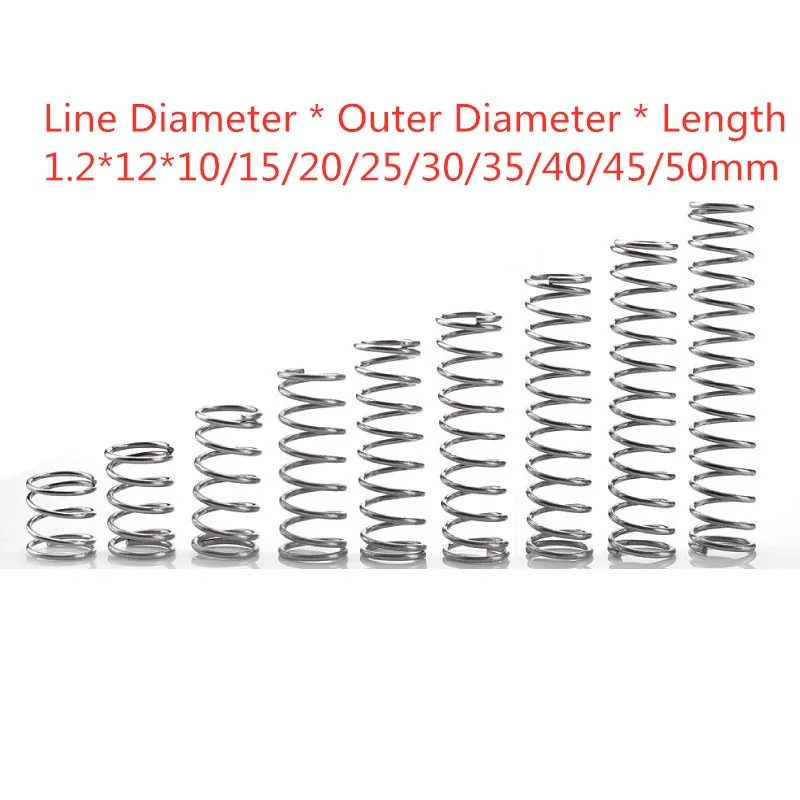 10 шт. 304 пружина из нержавеющей стали, пружина для сжатия, пружина, Диаметр 1,2* Внешний диаметр 12* длина 10-50