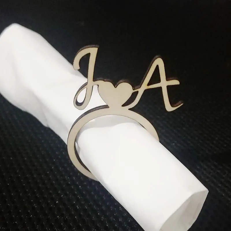 

Personalized Gold Acrylic Wood Laser Cut Heart Napkin Ring with Initial Name Wedding Engagement Party Table Decoration 50pcs