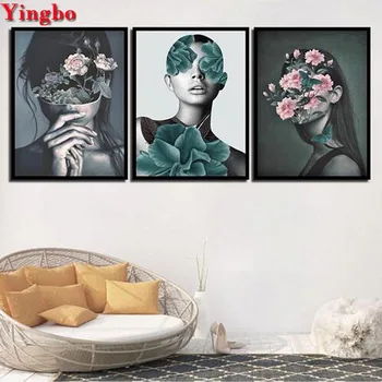 

3 pcs 5D DIY Diamond Painting green leaves Full Square/Round Diamond Mosaic Girl And Flower Rhinestone Embroidery Nordic Decor