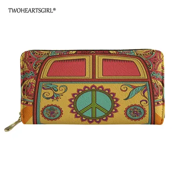 

Twoheartsgirl Hippie Bus Print Wallets Women Leather Zipper Wallets Female Long Coin Purses Ladies Money Credit Card Holders