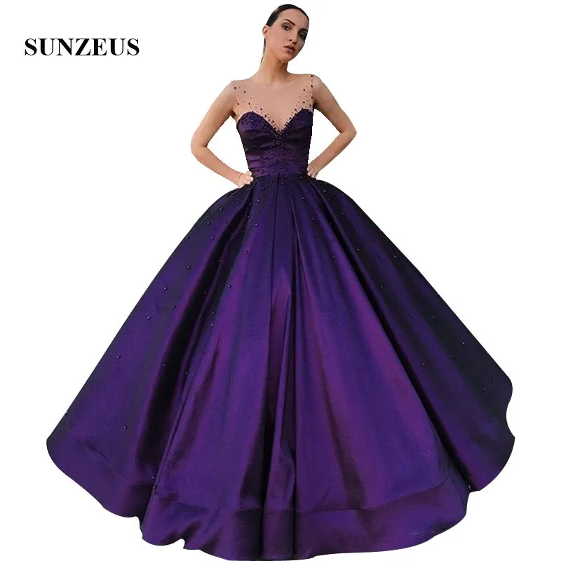Бальное платье темно фиолетовые Вечерние платья с жемчугом Иллюзия шеи длинный одежда для торжественных случаев, из сатина Для женщин