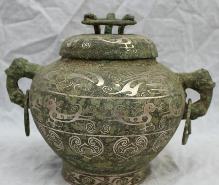 

S5345 10" Chinese Folk Culture Old Bronze Statue Dynasty Jar Incense Burner Censer D0318