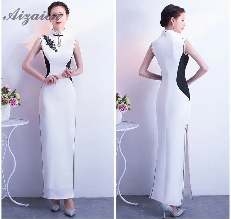 Весна 2019 Новый Белый долго Cheongsam платья Восточный вечер платье Qi Pao Для женщин Китайская традиционная Костюмы Женская Роба в восточном стиле