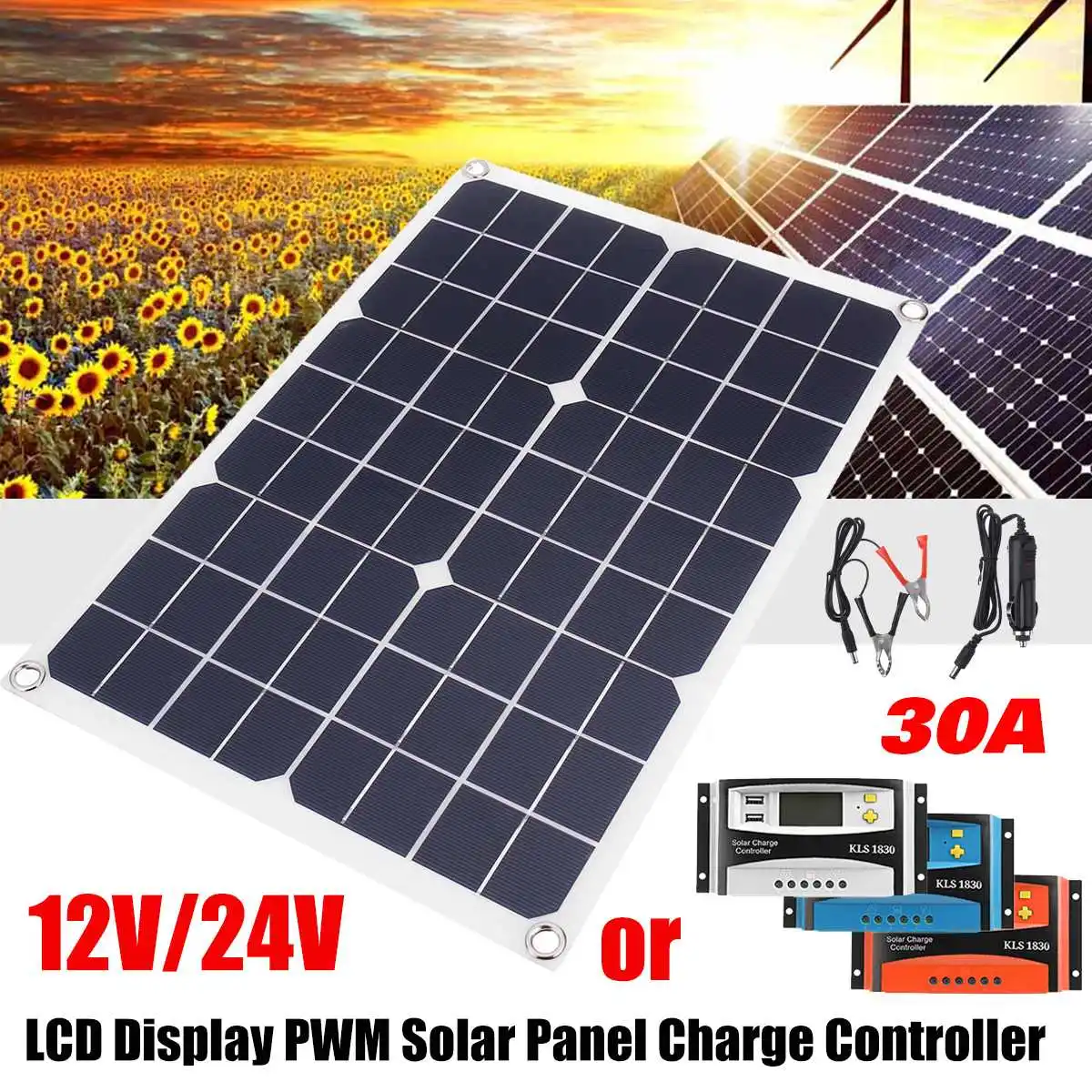 

Newest 30A Solar Charge Controller Dual USB LCD Display 12V 24V Auto Solar Panel 50W LCD Display PWM Solar Panel Regulator