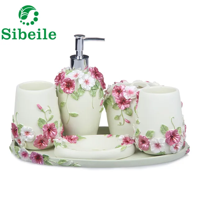 Sble Pearl Floral 5pcs Resin Bathroom Accessories Set Soap Dispenser Toothbrush Holder Tumbler Soap Dish Gold Craft Gift Sble Pearl Floral 5pcs Resin Bathroom Accessories Set Soap Dispenser Toothbrush Holder Tumbler Soap Dish Gold Craft Gift