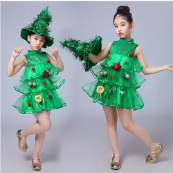 Платья без рукавов для маленьких девочек Детская зеленая одежда Костюмы для Рождества Хэллоуина дерево платье шляпа Пурим эльф косплэй