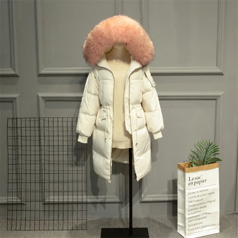Зимняя теплая Женская белая куртка-пуховик с капюшоном, большой воротник из натурального меха, Длинные пуховики, верхняя одежда, свободное плотное Женское пальто RH1083