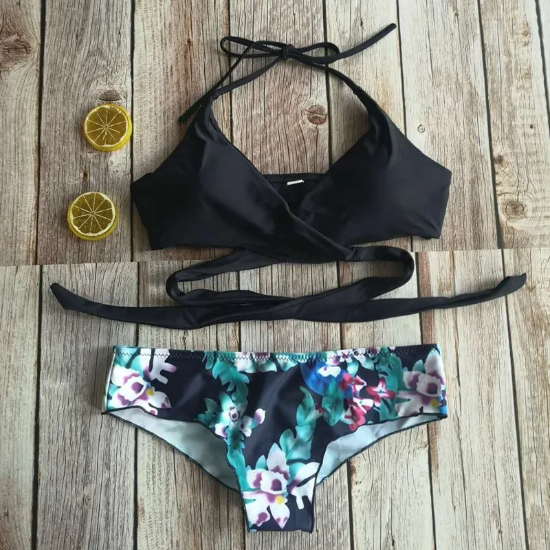 

Women Swimwear Set Solid Color Sling Backless Bikini Floral Printed Briefs for Summer Swim FI-19ING