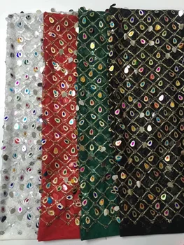 

High Quality Multicolor Nigerian Mesh Lace Fabrics 2019 African French Guipure Lace Fabric With Sequins Embroidered Lace Dress