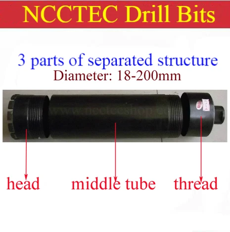 

40mm*370mm crown diamond drilling bits with separated structure | 1.6'' core bits with 3 parts of head,middle tube and thread