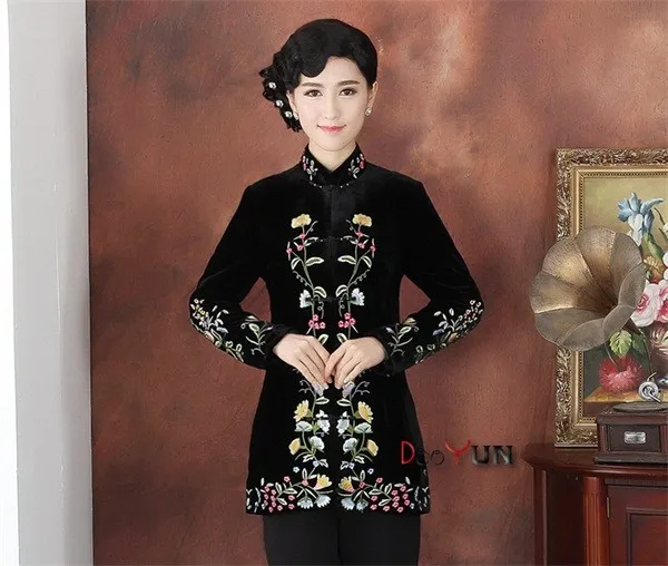 Осенне-зимняя черная китайская женская бархатная куртка воротник-стойка, тонкая верхняя одежда, пальто с вышивкой на пуговицах, размер S до XXXL