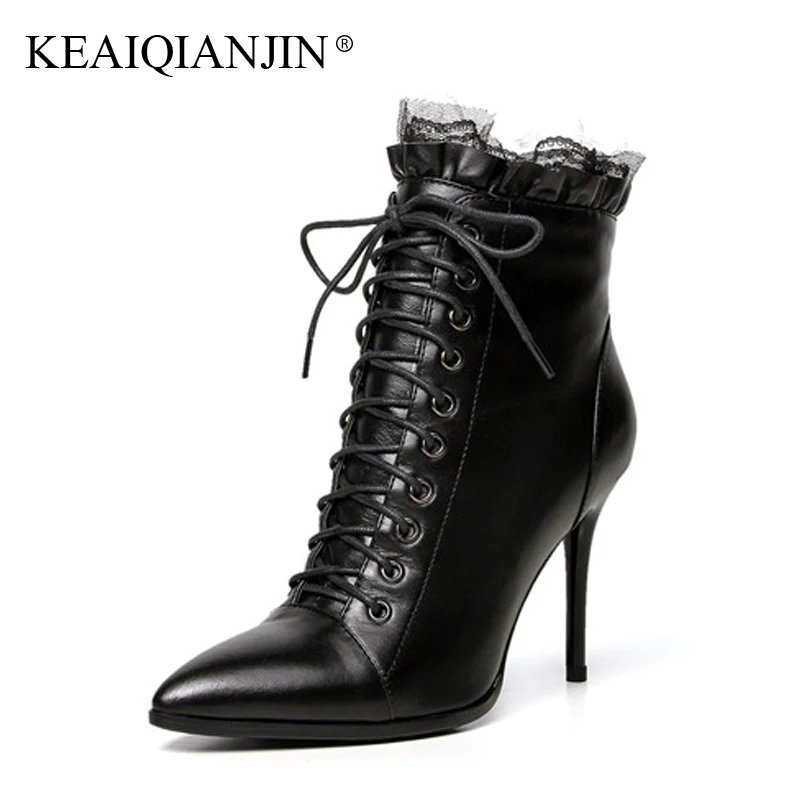 

KEAIQIANJIN Woman Pointed Toe Boots Black Yellow Plus Size 33 - 43 High Heel Boots Autumn Winter Genuine Leather Ankle Boots