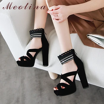 

Meotina Summer Sandals Women Shoes Rhinestone Platform Block Heel Shoes Zipper Super High Heel Ankle Wrap Sandals Big Size 33-43