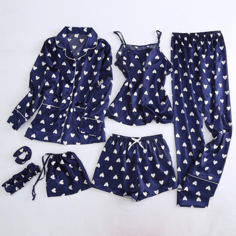 Acheter Automne printemps 7 pièces ensemble soie élégant femmes pyjamas imprimer Shorts à manches longues haut élastique taille pantalon vêtements de nuit de salon complet