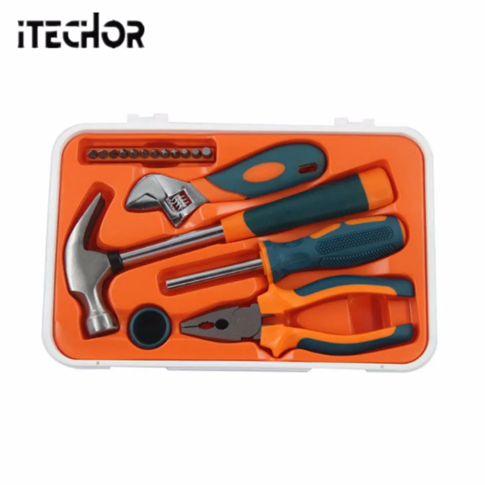 

iTECHOR 6Pcs Box Pack Household Repair HandTools Set Practical Hammer Wire Cutter Wrench Screwdriver - Black + Orange