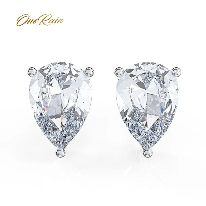 

OneRain Simple 925 Sterling Silver Water Drop Created Moissanite Gemstone Ear Studs White Gold Earrings Gift Jewelry Wholesale