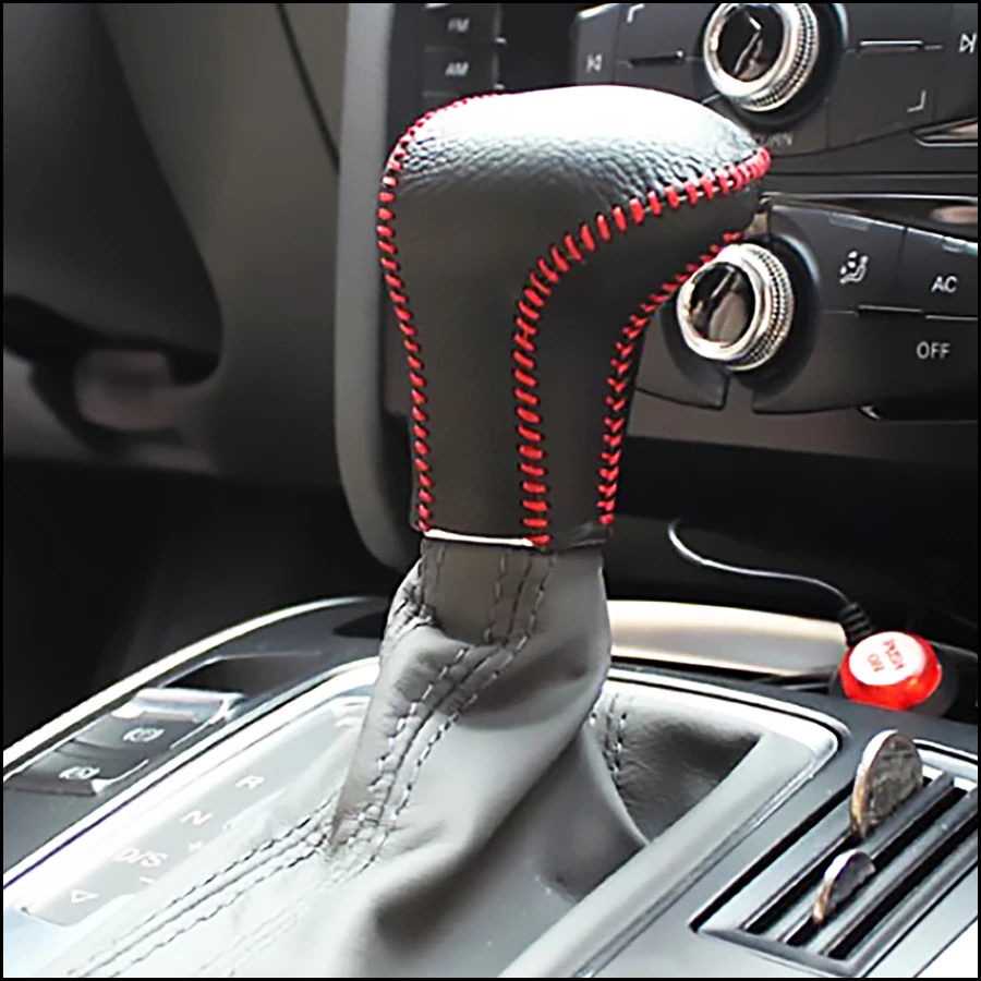 Car Accessories Gear Shift Knob Cover Case Genuine Leather Collars + String For Audi Q7 Q5 A5 A4 A7 Automatic AT 2012 2013 2014 (5)