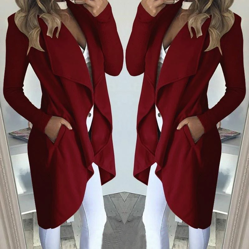 

New Cardigan Coat Autumn Cotton Blends Long Pockets Long Sleeve Lapel Collar Slim Women Casual Overcoat Outerwear Jacket