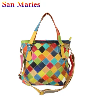 

San Maries Coloful Plaid Cow Leather Women Handbags Causual Bags For Women 2019 Shoulder Bag Travelling Shopping Tote