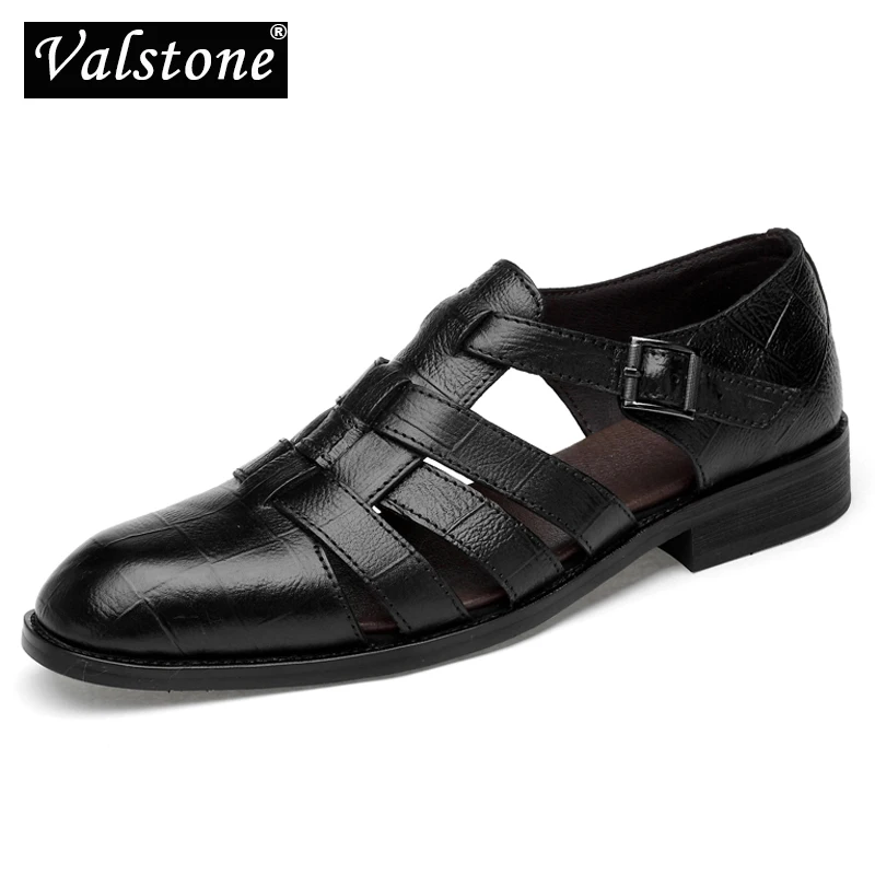 

Valstone Luxury Summer Sandals Men's Genuine leather Quality Summer dress shoes soft Moccasins Buckle Business shoes brown Black