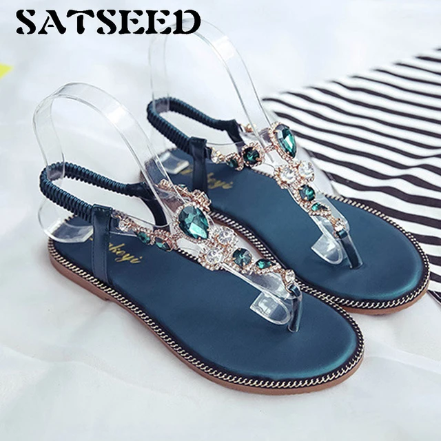 Women Sandals Summer Flat 2018 New Student Women Shoes Ankle Wrap Rubber Sole Fashion Crystal Slip on Beach Sandals Casual Black