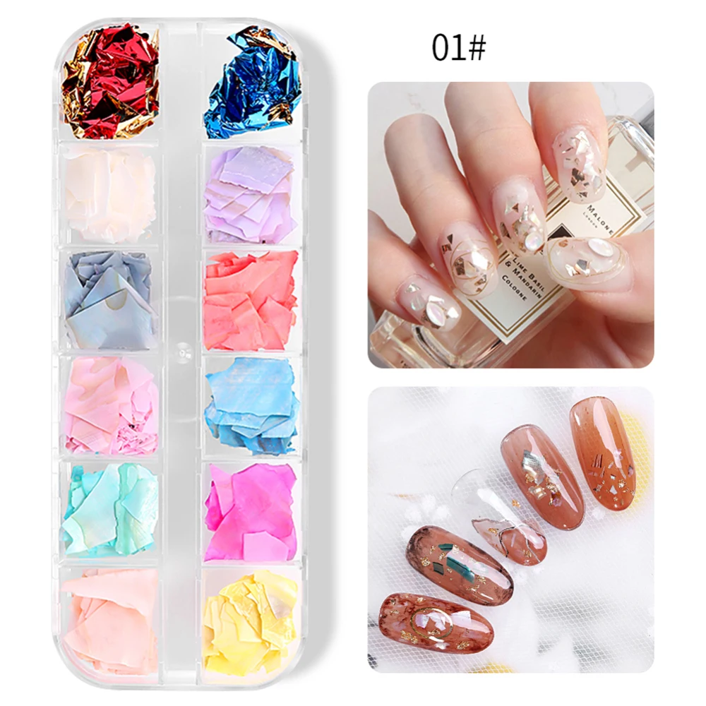 

12 Colors Manicure Shell Stone Ultra-thin Natural nail jewelry Shell Irregular Beads Manicure Foil Sticker Nail art beauty S22
