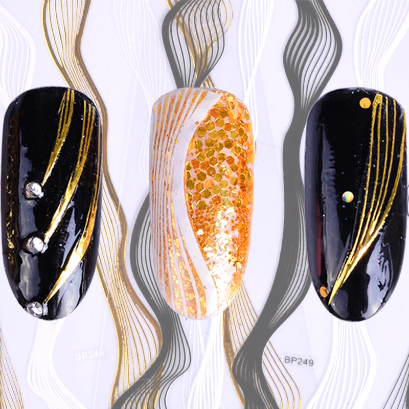 

1PCS Embossed Curve 3D Striping Lines Bronzing Gold Black White Nail Sticker Wrap Decal Tool Tip Manicure Foil DIY Decor JIBP249