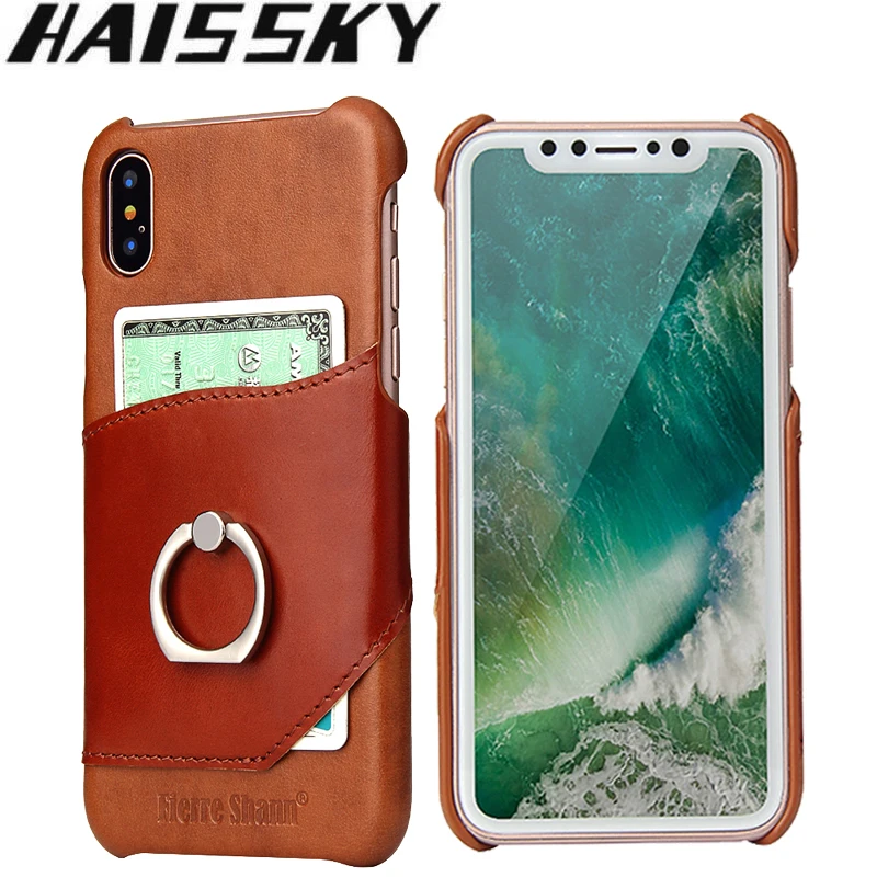 

HAISSKY Genuine Real Leather Case For iPhone X 8 7 6 6S Plus Card Wallet Holder Finger Ring Cover For iPhone 8 7 Plus Phone Case
