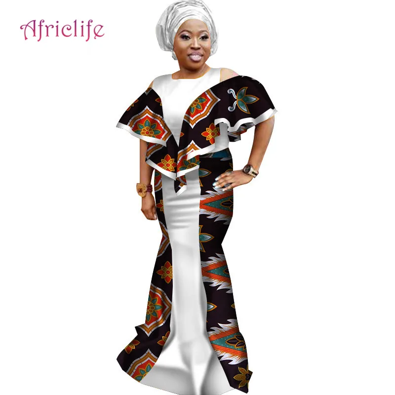 

Fashion African Dresses for Women Ruffle Sleeve Mermaid Splice Long Dress Plus Size African Print Dress Women Clothing WY3136