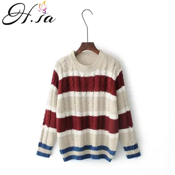 

H.SA Women Fashion Autumn Winter Sweater and Pullovers Oneck Patchwork Knitted Jumper Striped Pull Femme sweater Pullovers 2017