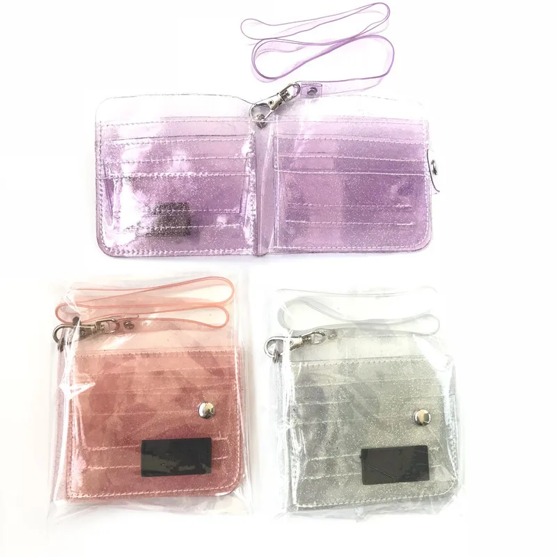 Cards Holder Clear wallet Transparent Purse Glitter PVC Card Bag Women Neck Lanyard Folding Card ID Cases Cash Coin Photo Stickers Holder Blue 