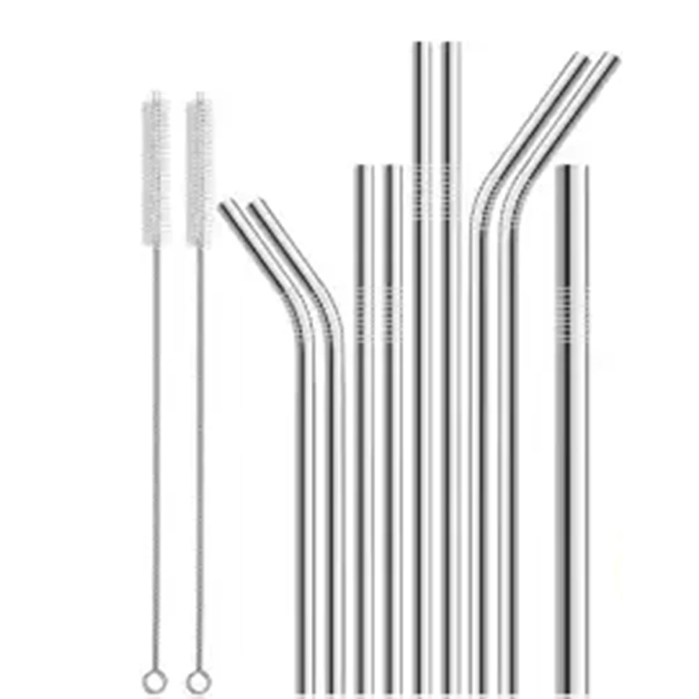 

11pcs Bar Reusable Home Straight With Cleaning Brush Stainless Steel Cocktail Portable Kitchen Curved Long Straw Kit Drinking