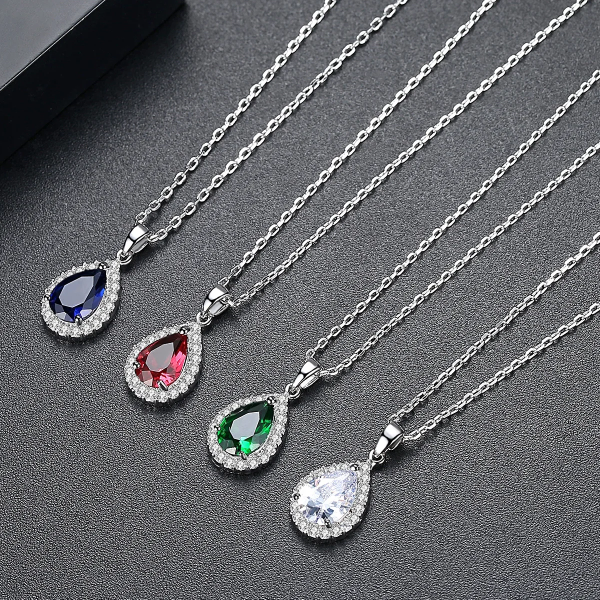 

Fashion Korean Style Red/Blue/Green/Clear Cubic Zirconia Water Drop Neckalce CZ Stone Pendant Necklace Wedding Jewelry for Women