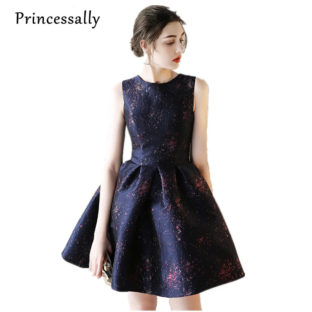 

Princessally New Elegant Cocktail Party Dress Navy Blue Short Embroidery Pattern Sleeveless A-line Prom Formal Special Dress