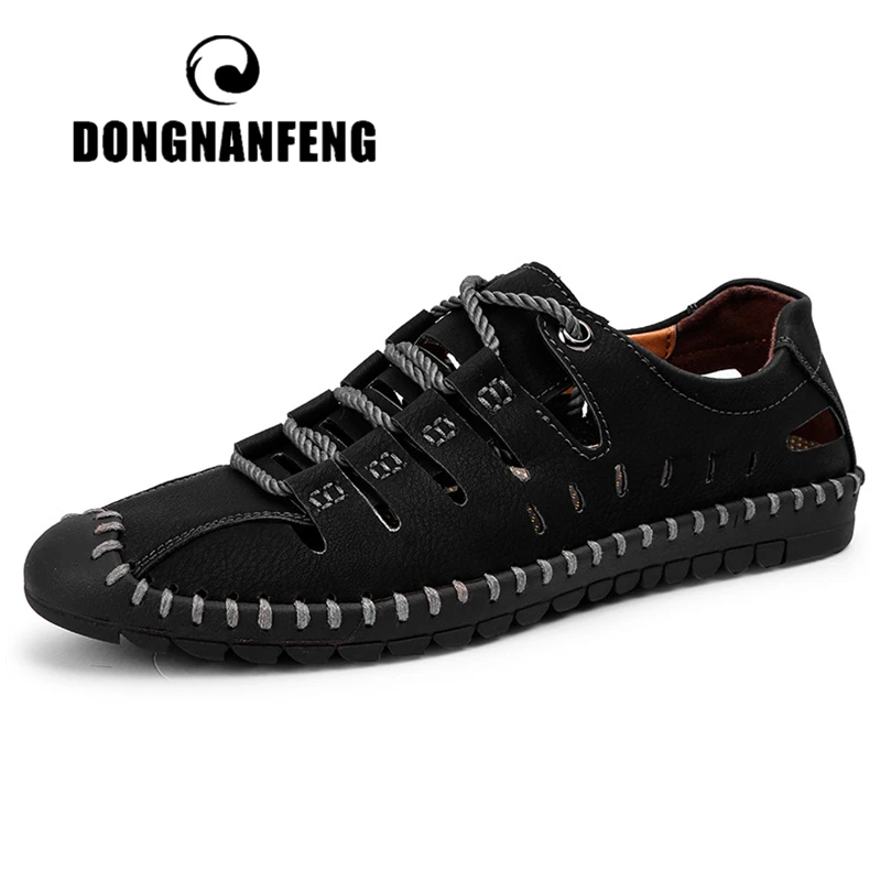 

DONGNANFENG Men Male Boy Mr Genuine Leather Shoes Sandals Outside Summer Hollow Retro Soft Breathable Plus Size 47 48 HED-8808