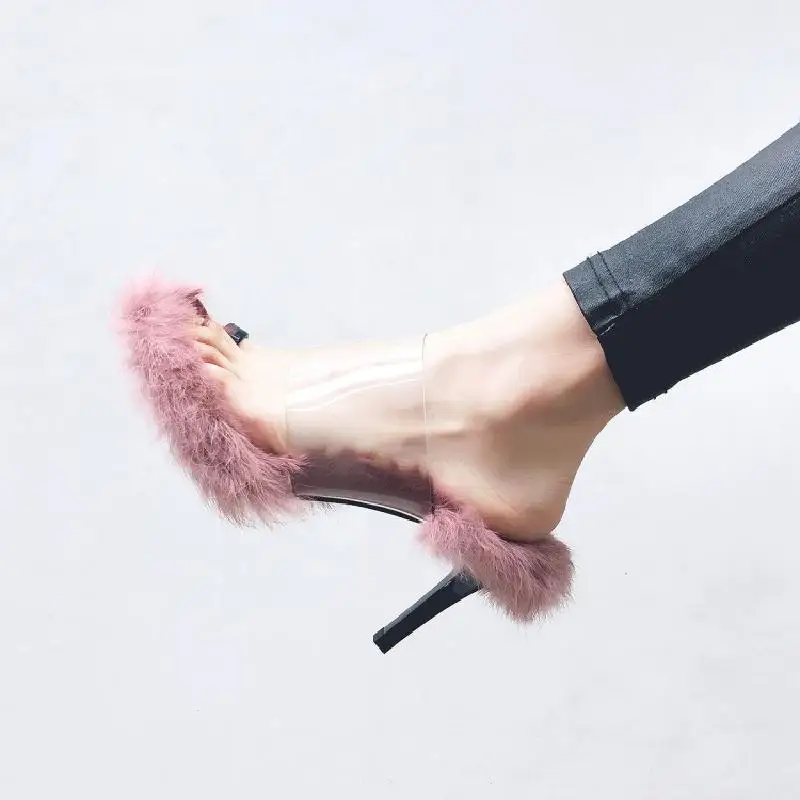 

Eunice Choo Flip Flops Clear PVC Patchwork High Heel Women Sandals Open Toe Fur Insole Slippers Caual Fashion Outdoor Shoes