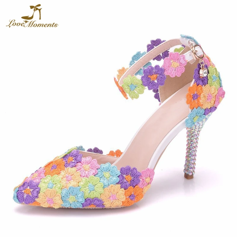 

Multicolor Lace Flower Bride Dress Shoes High Heel Wedding Party Shoes With Ankle Strap Bridesmaid Shoes Pointed Toe Women Pumps