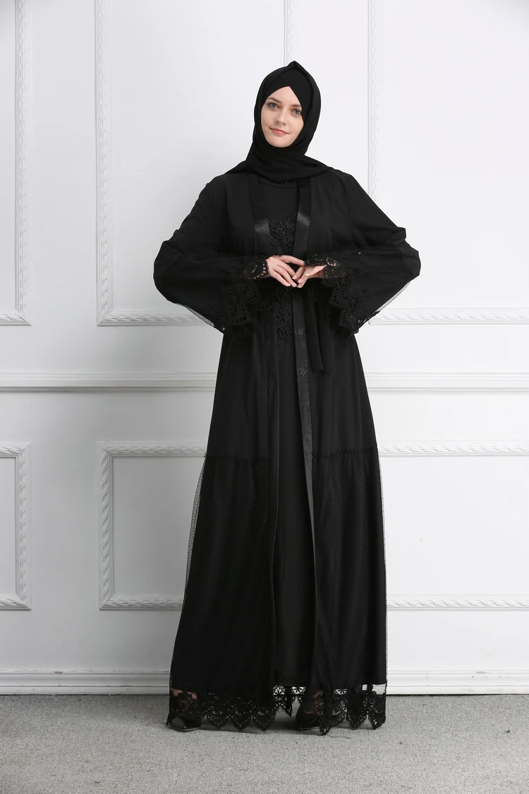 

Muslim Abaya Grenadine Black Lace Full Dresses Cardigan Kimono Long Robe Gowns Jubah Middle East Ramadan Arab Islamic Clothing