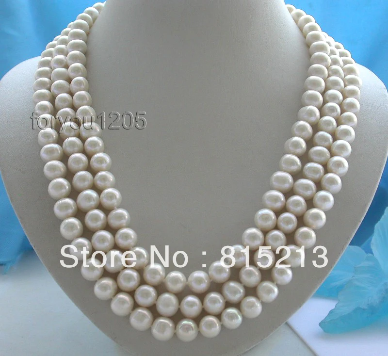 

ddh001796 3rows Natural 10mm Round White Pearl Necklace!