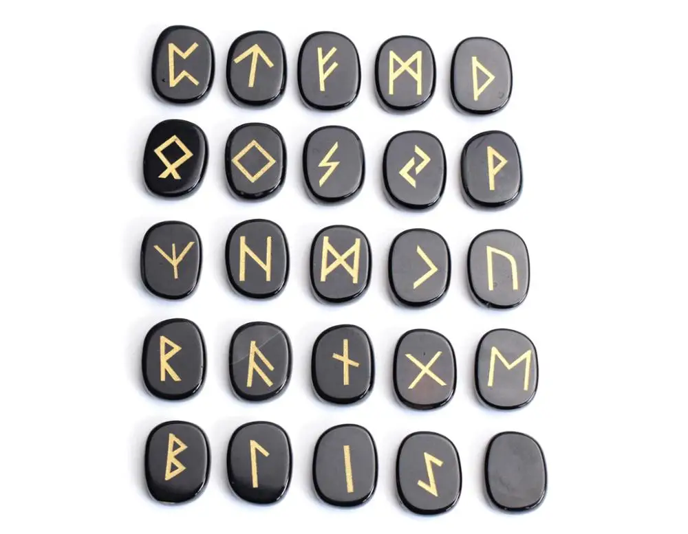 

Natural Black Obsidian Carved Crystal Reiki Healing Palm Stones Engraved Pagan Lettering Wiccan Rune Stone Set with a Free Pouch