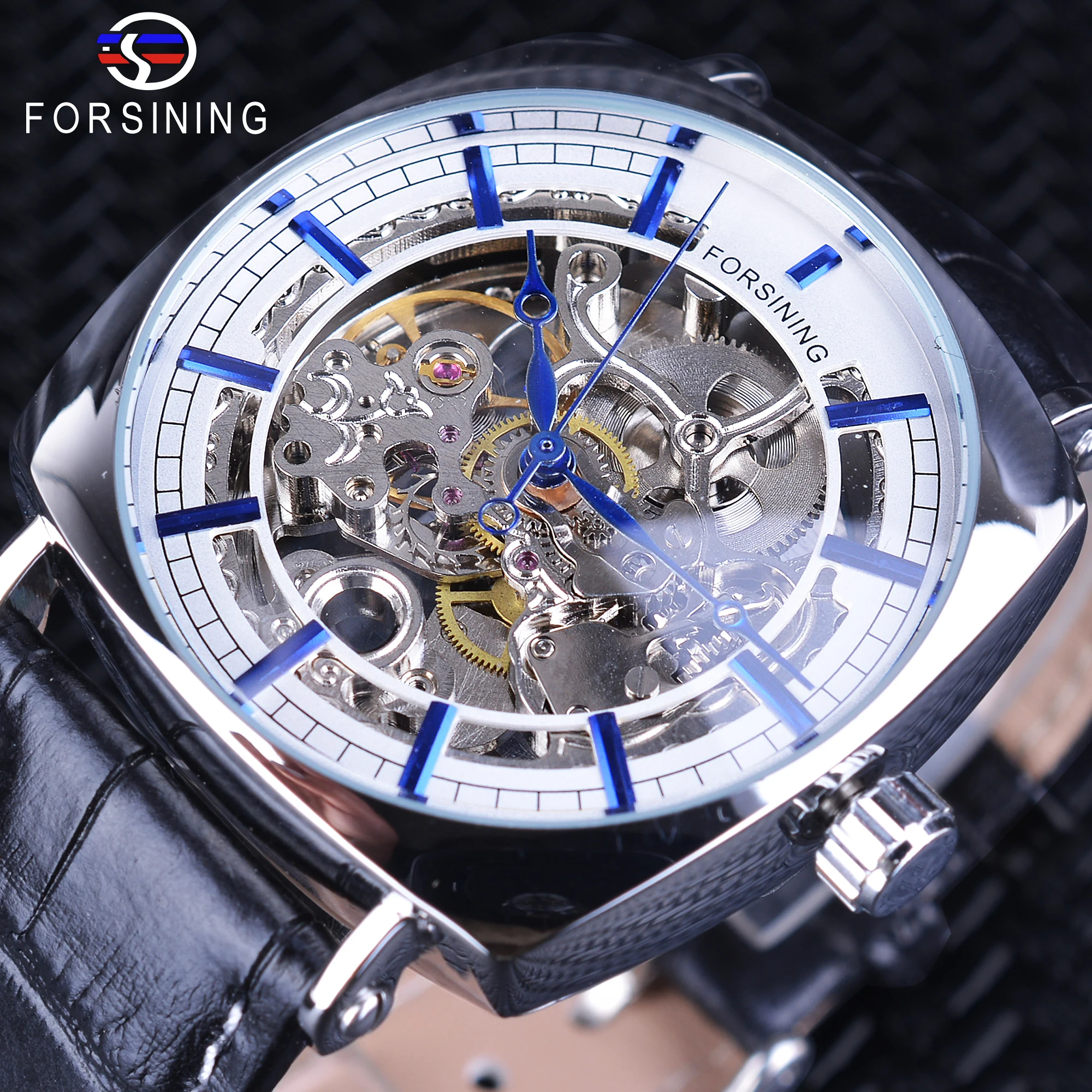 

Forsining 2018 Limited Edition Blue Hands Skeleton Flower Transparent Back Case Genuine Leather Belt Luxury Automatic Watches
