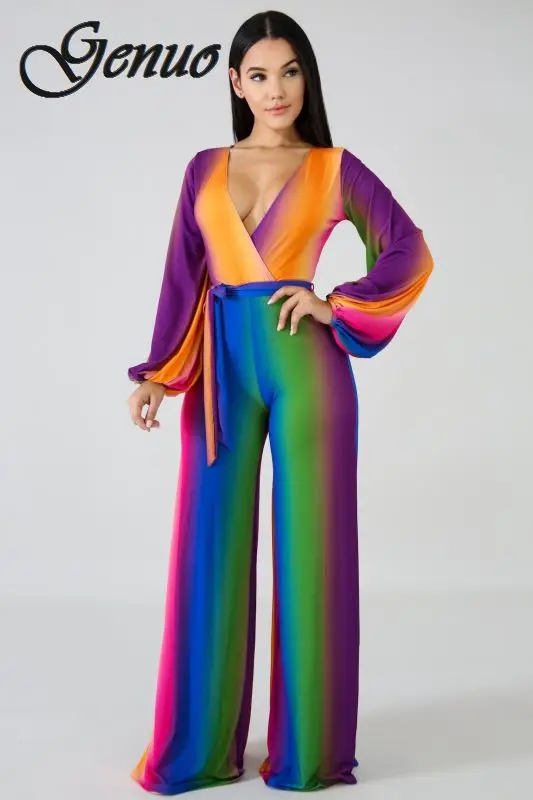 Multi Color Printed Fashion Women Streetwear Full-length Jumpsuit Sexy Deep V Neck Belted Details Wide Legs Pants Jumpsuit Multi Color Printed Fashion Women Streetwear Full-length Jumpsuit Sexy Deep V Neck Belted Details Wide Legs Pants Jumpsuit