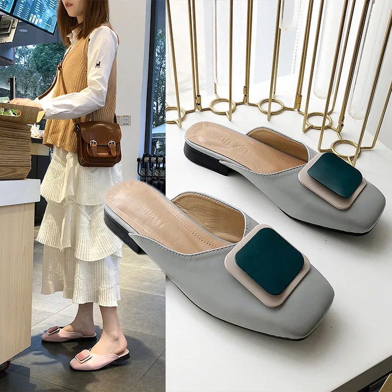 

Slip-On women summer closed toe String Bead spring Slides mules Flat slipper Buckle Strap Fabric loafer Low Square Toe woman