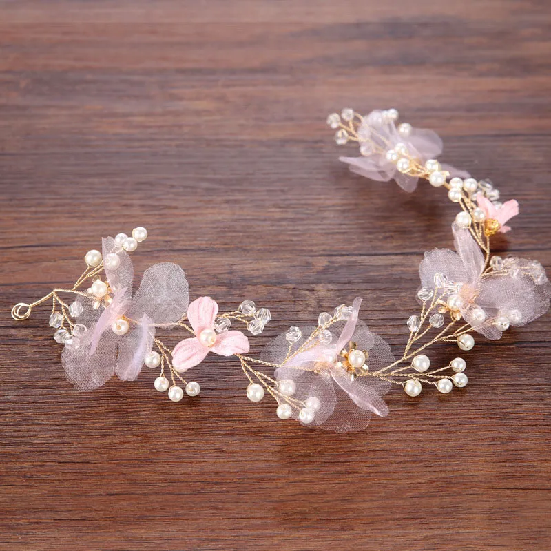 Girl Pink Pearl Flower Headbands Handmade Golden Wire Floral Women Hairband Headpiece Wedding Bridal Hair Jewelry Accessories SL