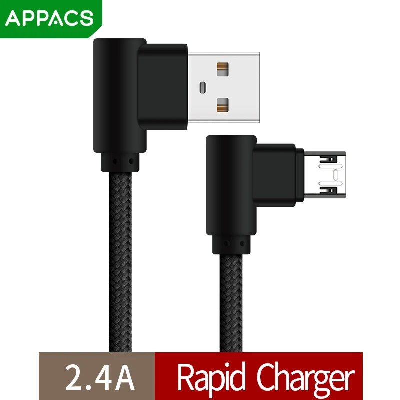 APPACS Кабель Micro-USB 5V 2.1A сплава ТПЭ 90 градусов USB кабель для samsung/Xiaomi/Meizu/huawei/htc Android 2.1A, 1 м, 2 м, быстрая зарядка