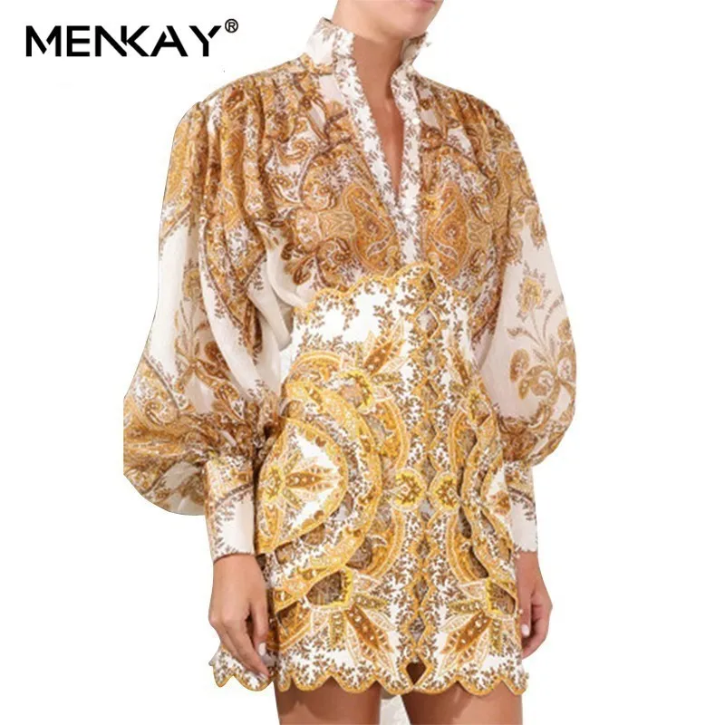 

[MENKAY] Vintage Print Blouse For Women Stand Collar Lantern Sleeve Plus Size Beach Shirt Female Fashion Clothes 2019 Summer New